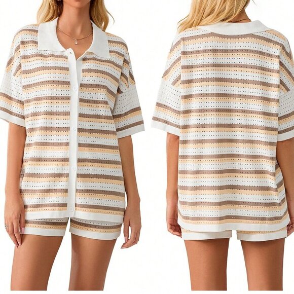 Khaki Casual Women's Stripe Button Crochet Knit Top & Shorts Set - Picture 1 of 10